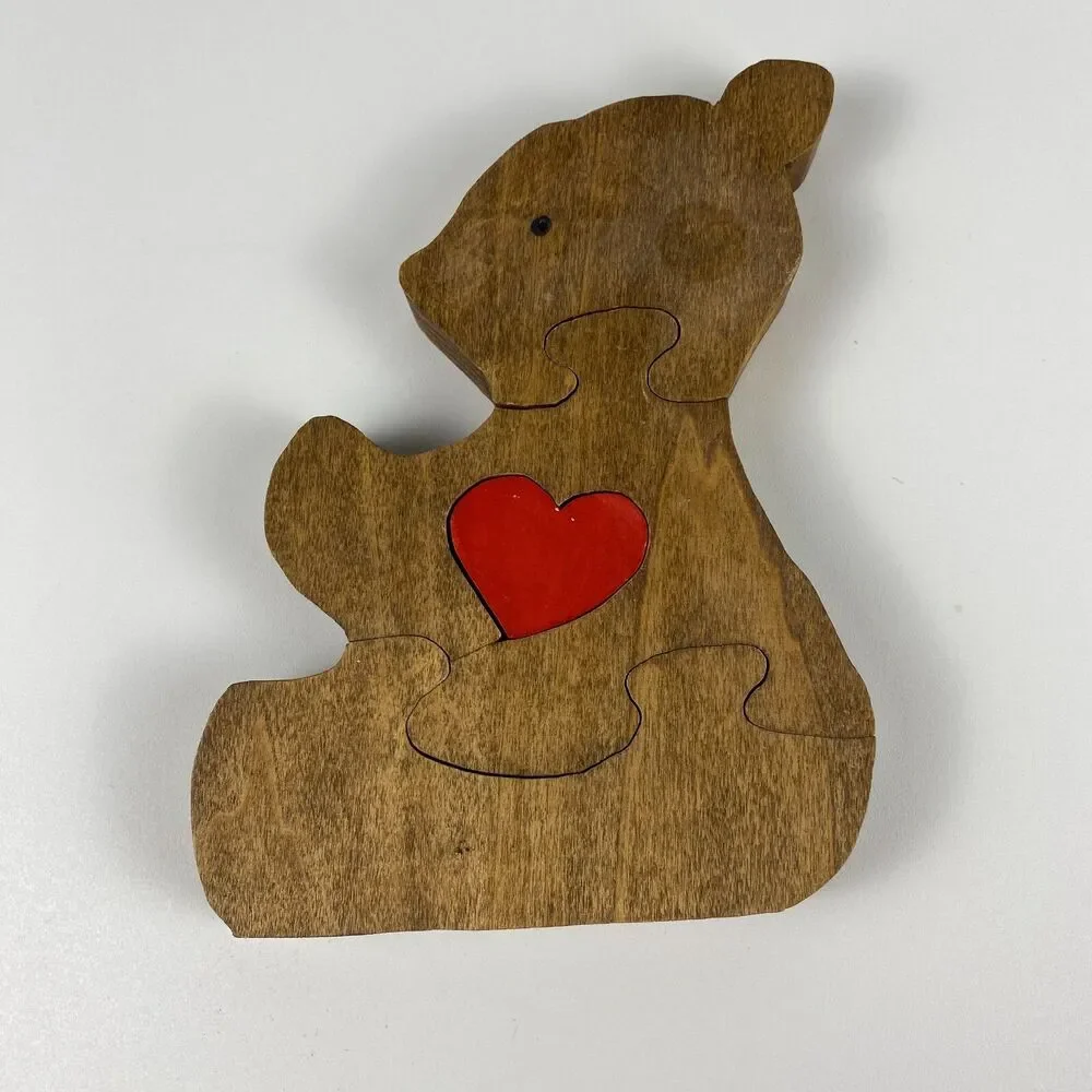 VTG Handmade Stained Wooden Bear Jigsaw Puzzle Figurine Retro Decor 7